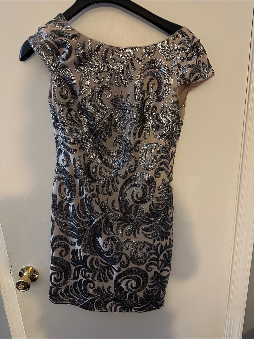 Adrianna Papell Nude Dress with Black Glitter Swirl